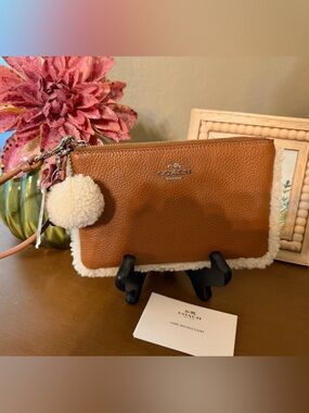 Coach Tan Leather Wristlet with Cream Shearling Trim &  Pom Pom-NWT
